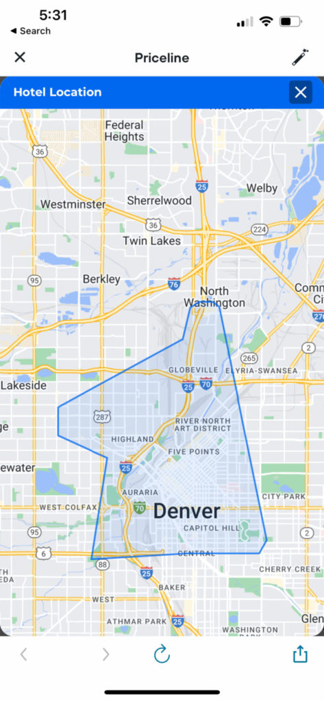 Priceline map of downtown Denver area